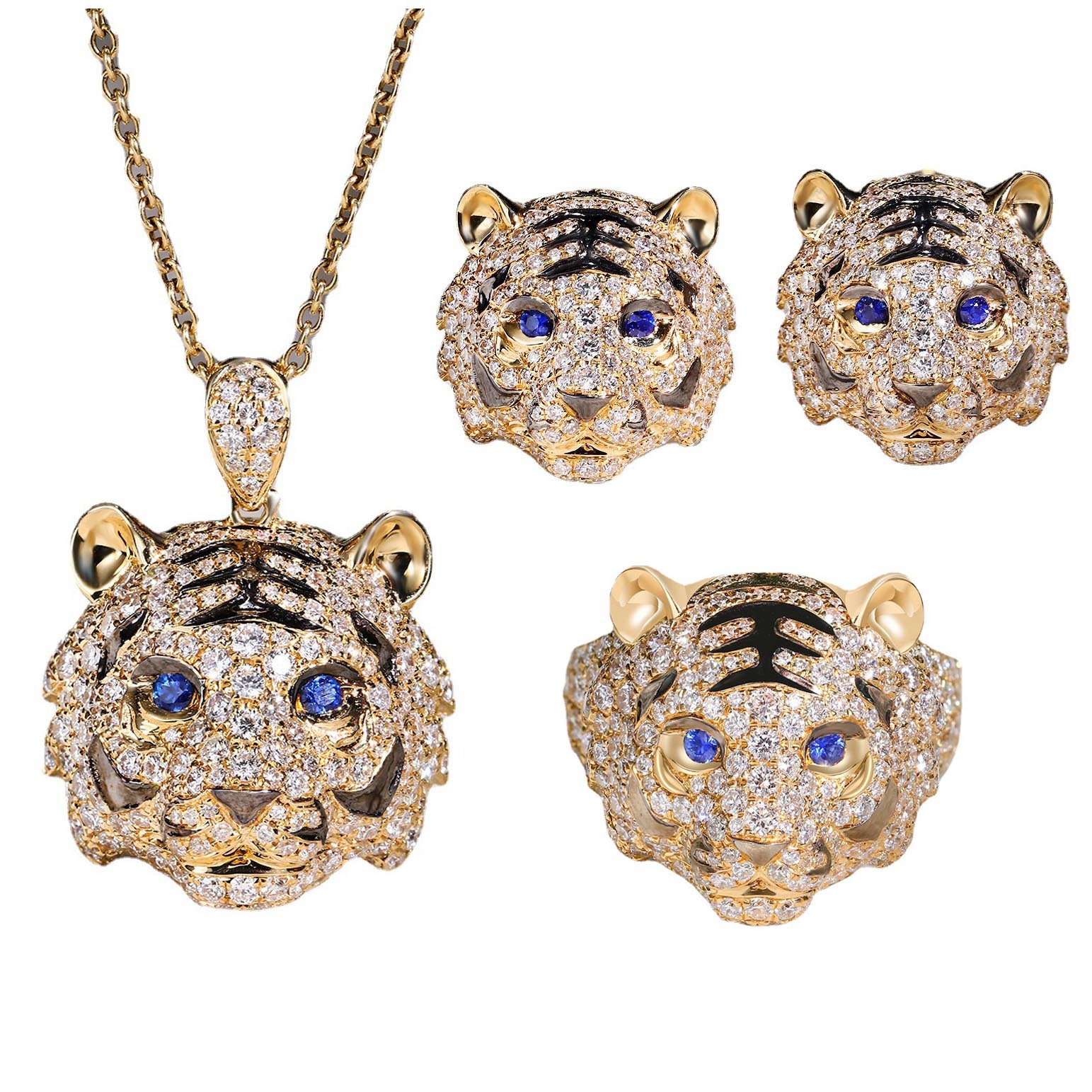 Heavy Industry Design Micro-inlaid Full Diamond Aggressive Tiger Ring Women's Sapphire Tiger Leopard Necklace Zodiac Tiger Ear Stud suit