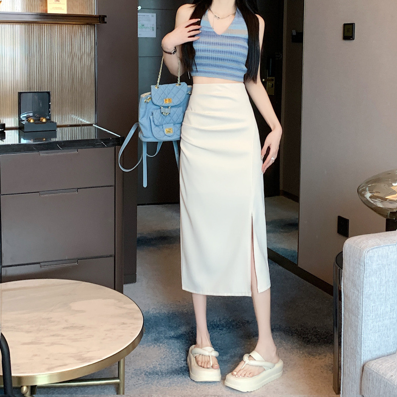 2023 split skirt women's early autumn hip skirt new high waist slimming skirt mid-length A- line skirt one-step skirt