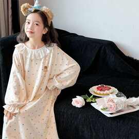 黁白女童海岛绒家居服睡衣新款中大童保暖睡裙儿童秋冬长款可爱家