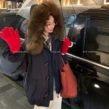 美式复古牛角扣设计感大毛领连帽羽绒服女冬季小个子保暖棉袄外套