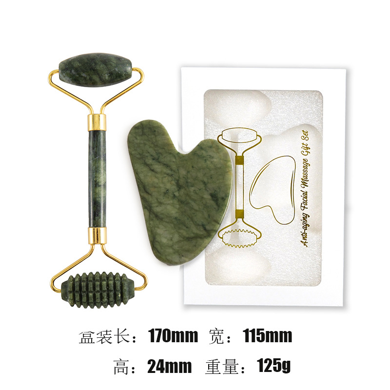 Juego de tres piezas de rodillo de jade natural y tabla de gua sha, dispositivo de belleza para masaje facial, lámina de gua sha facial, fabricante de rodillos de jade