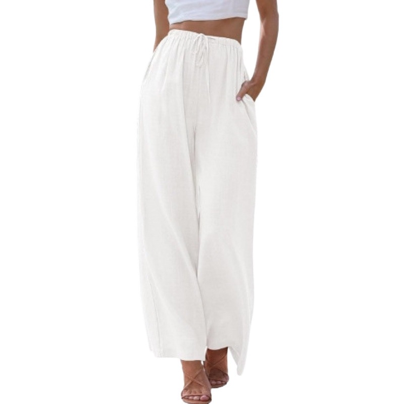 Relaxed Fit Wide Leg Pants for Women Linen Blend Drawstring Waist Pockets plus Size Available_ecoleips.com