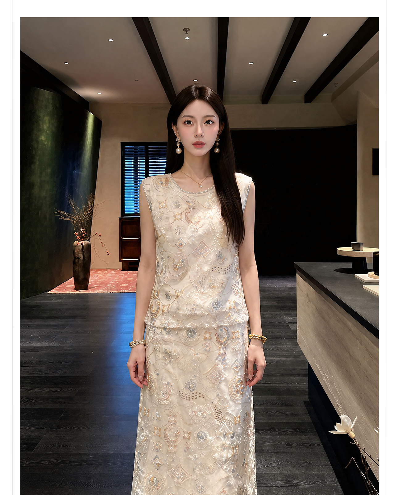 Bộ áo vest không tay và chân váy midi thêu ren cườm phong cách Tân Trung Hoa — bộ đồ, nửa váy, Trang chủ chi tiết 4