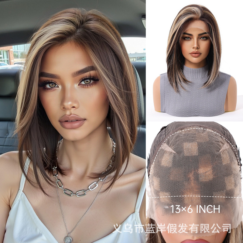 New 13*6 Full Headgear European and American Style Lace Wig Women's Bob Dark Brown Summer Short Style Factory Ready Stock