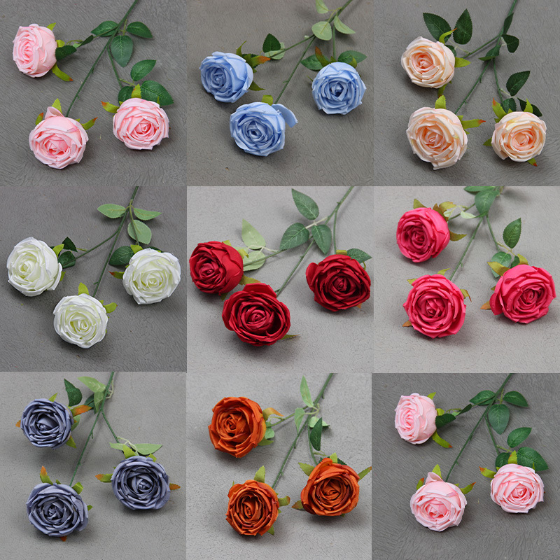 Artificial Flower 3-Head Princess Rose Red White Rose Artificial Flower Decorative Bouquet Wedding Flower Material Floral Ornaments