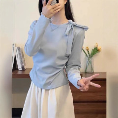 韩系蝴蝶结长袖t恤2025秋季新款内搭打底衫正肩短款显瘦收腰上衣