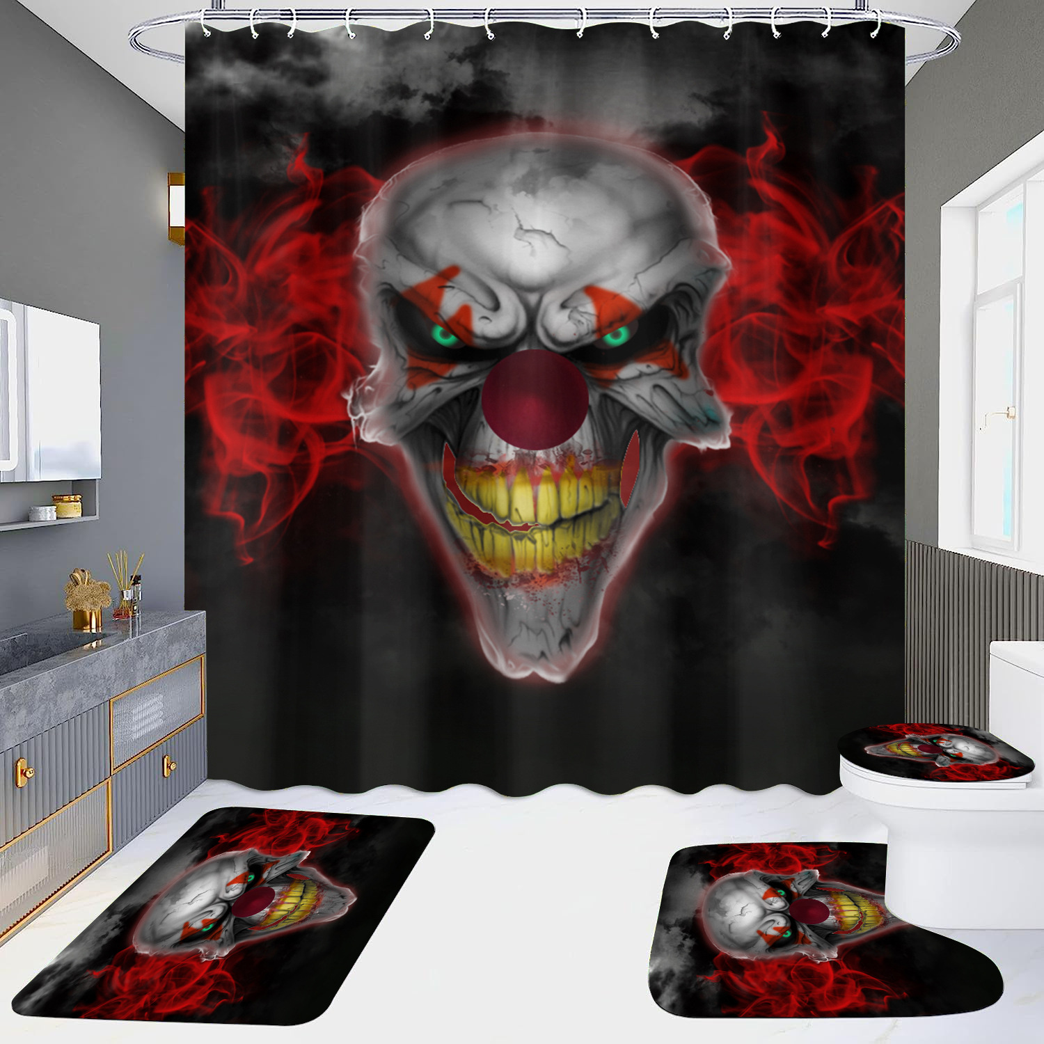 Cortina de ducha de suministro directo transfronterizo conjunto de cuatro piezas hd impermeable sin perforaciones baño hotel baño partición cortina wansheng cráneo