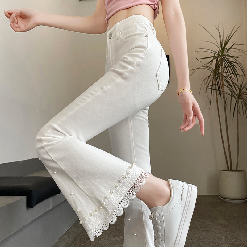 白色钉珠微喇牛仔裤女2025夏季小个子八分九分蕾丝花边喇叭裤百搭