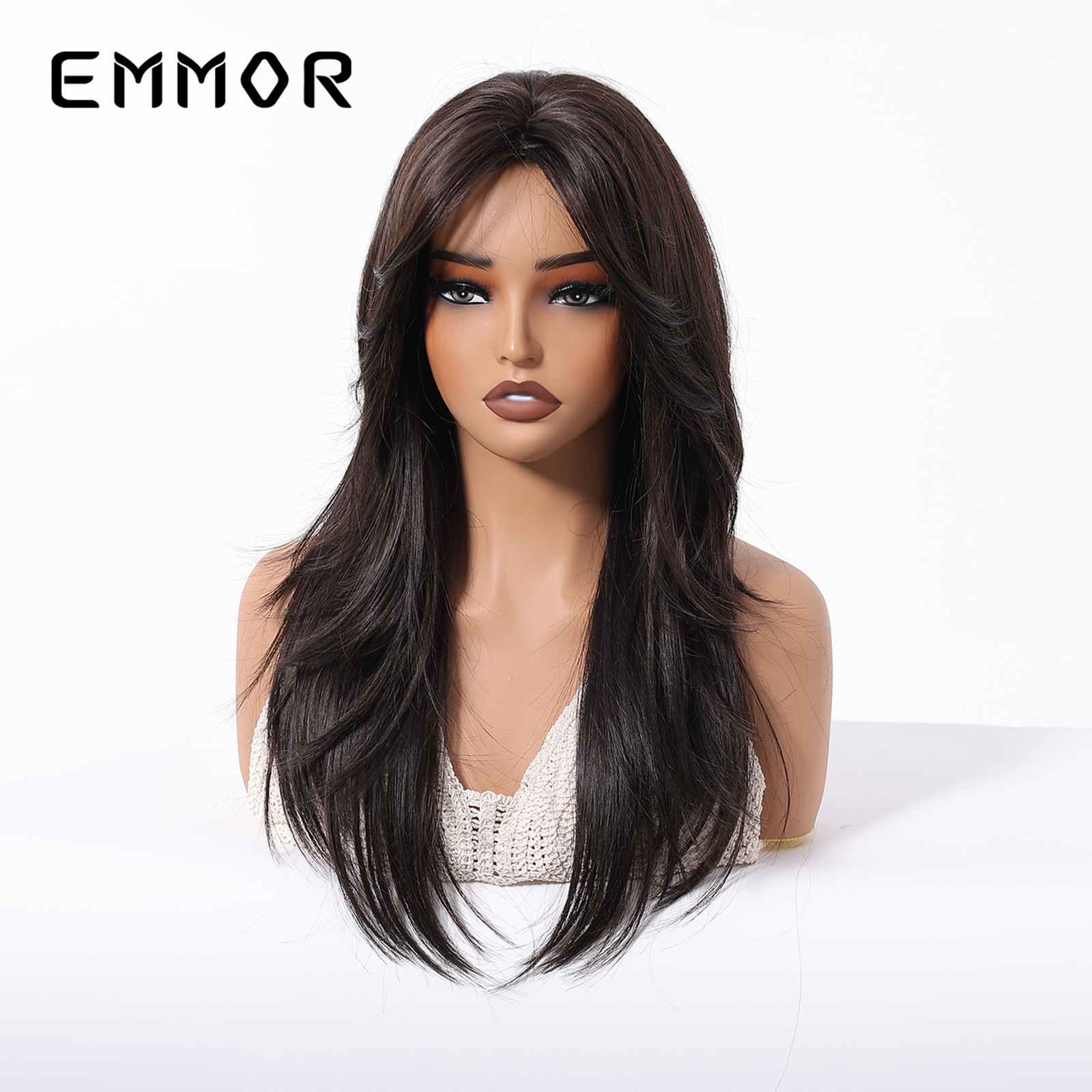 Nuevos productos de comercio exterior transfronterizo, flequillo de ocho caracteres, corte facial, cabello largo negro natural de alto nivel, peluca ligeramente rizada, tipo de cabello completo