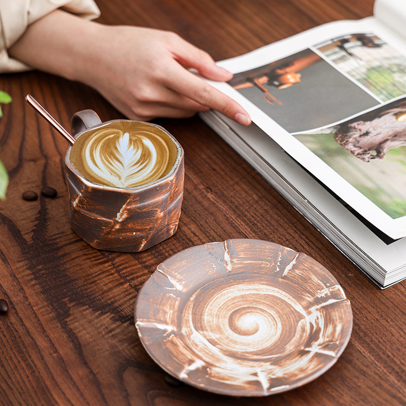 Vintage Japanese Style Rustic Ceramic Coffee Cup And Saucer_voghion.com