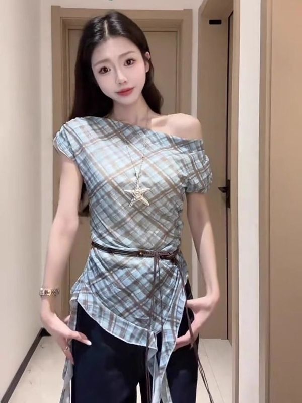 辣妹风复古格纹飘带上衣女2025气质气质不规则一字肩显瘦短袖T恤|undefined