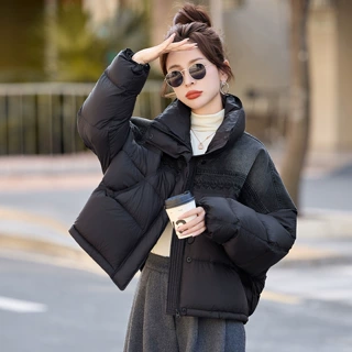 韩系牛仔拼接刺绣立领短款羽绒服女2025冬季新款设计感休闲面包服