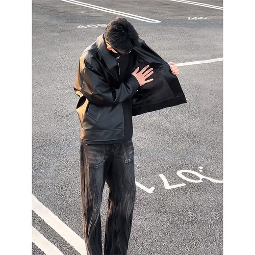 Black Collar Solid Leather Jacket for Men, American High Street Retro, Advanced Sense of Style, Cool and Daring, Spring and Autumn Motorcyclist Jacket