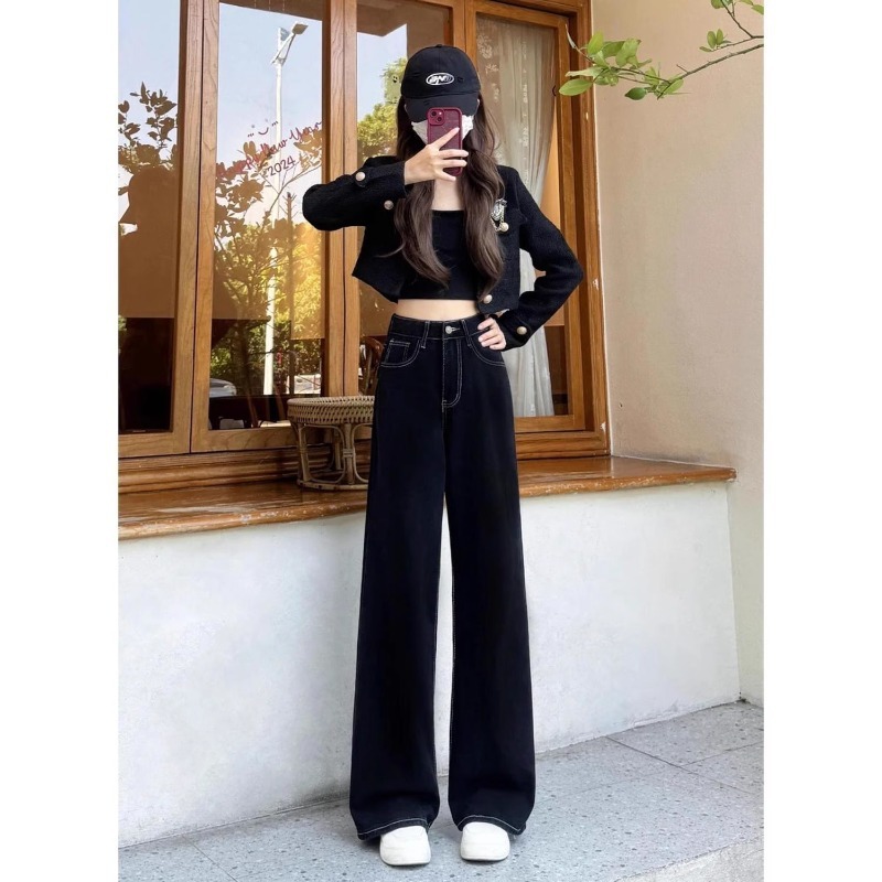 黑色阔腿牛仔裤女春季新款梨形身材大码高腰宽松显瘦百搭直筒长裤|undefined