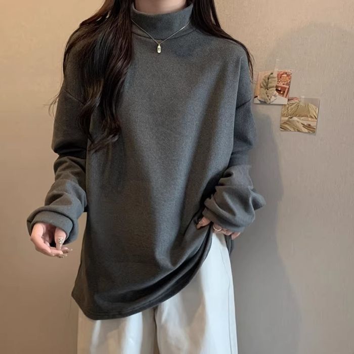 白色半高领德绒打底衫女秋冬内搭加绒加厚保暖长袖t恤上衣欧美风|undefined