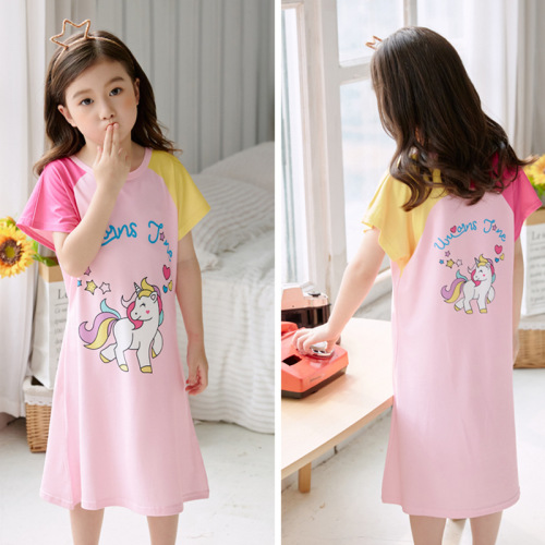 Children's nightgown, girls' pajamas, summer short-sleeved baby's thin Korean style little girl cartoon medium-sized children's home clothes summer