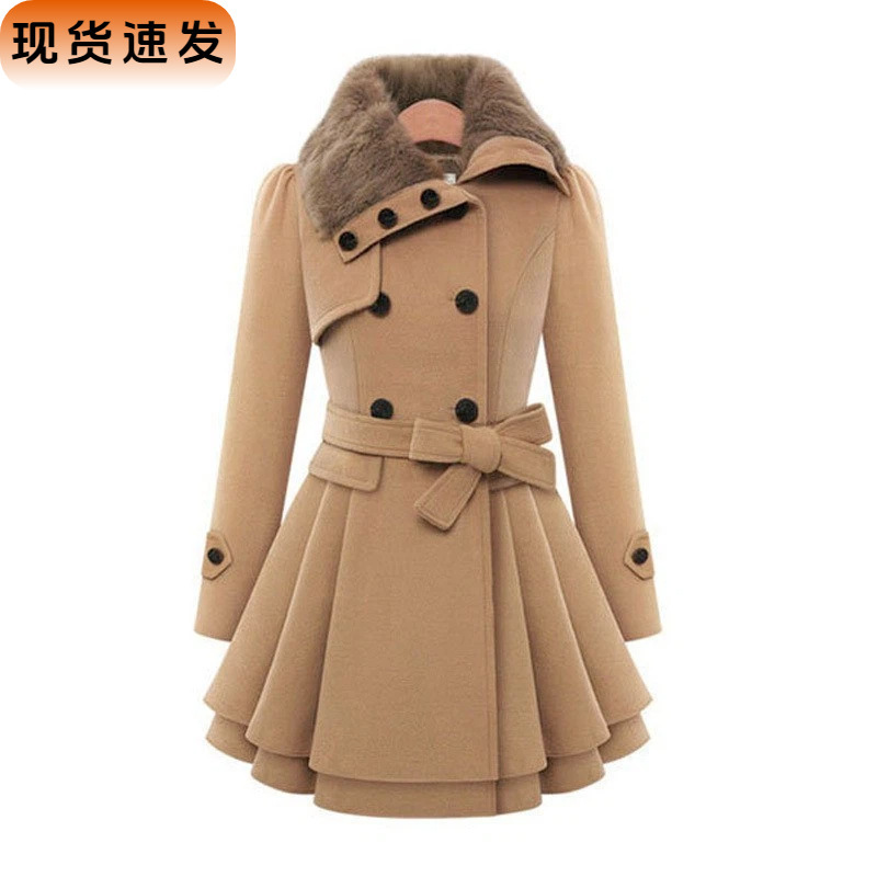 【Large Stock】European and American Style Long Woolen Coat Double-Breasted Woolen Overcoat Trench Coat for Women
