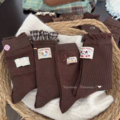 栗子女孩的秋冬 咖色组合堆堆袜子女饰品蝴蝶结无骨中筒袜ins风韩