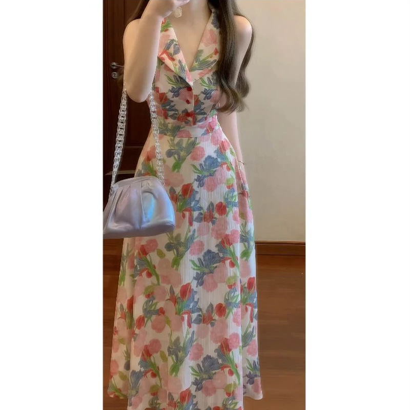 European and French Romantic and Elegant Rose Print Waist Dress Waist Large Hem Floral Shirt Style Long Skirt 2025 New