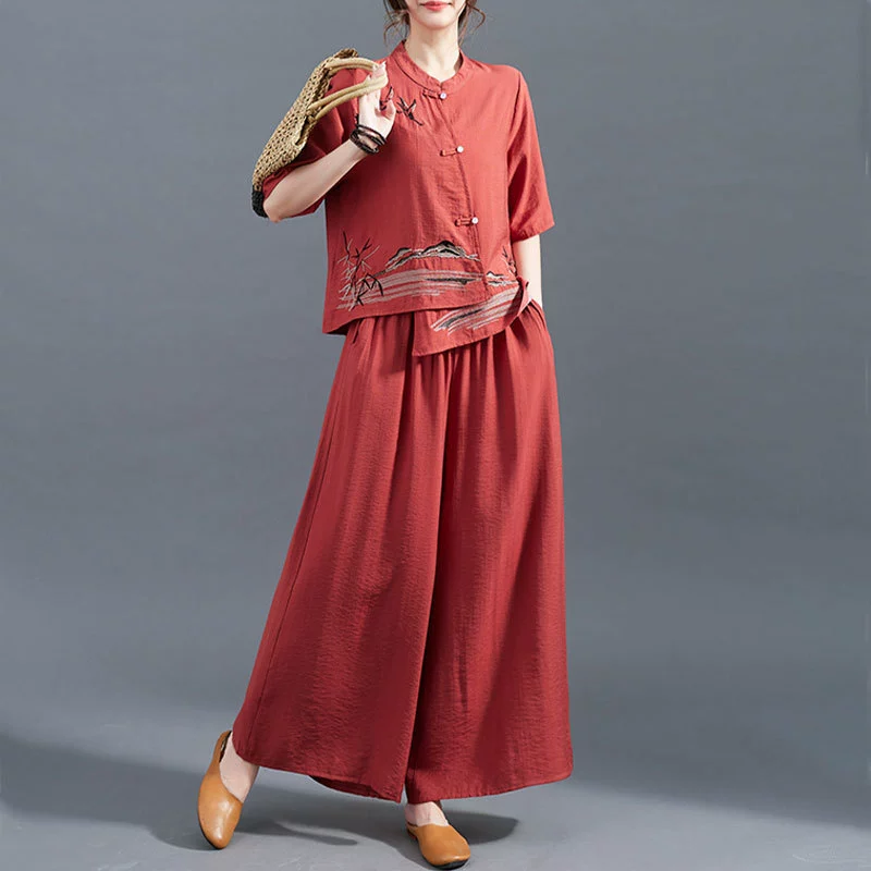 Женский костюм из хлопка и льна в этническом стиле, летнее платье в стиле мама, модные льняные широкие брюки, комплект из двух предметов, новинка 2025 года
