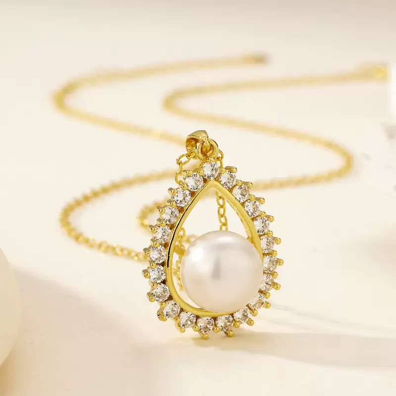 欧美时尚大方女简约复古天然淡水珍珠吊坠镶锆石项饰空托成品批发