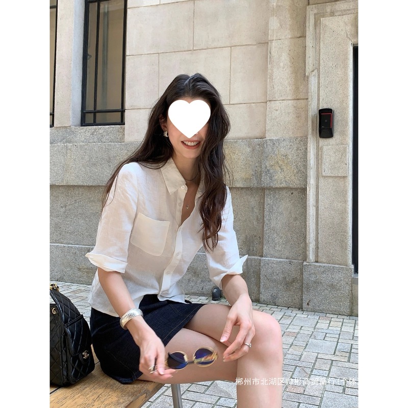 跨境白色棉麻衬衫女夏季轻薄透气修身显瘦防晒衬衣设计感中袖衣|undefined