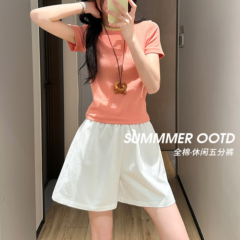 Casual Shorts for Women, Summer Thin Style, Elastic Waist, Fresh and Fashionable, Trendy Versatile Loose Straight-Leg Five-Point Casual Pants Casual Shorts for Women, Summer Thin Style, Elastic Waist, Fresh and Fashionable, Trendy Versatile Loose Straight-Leg Five-Point Casual Pants