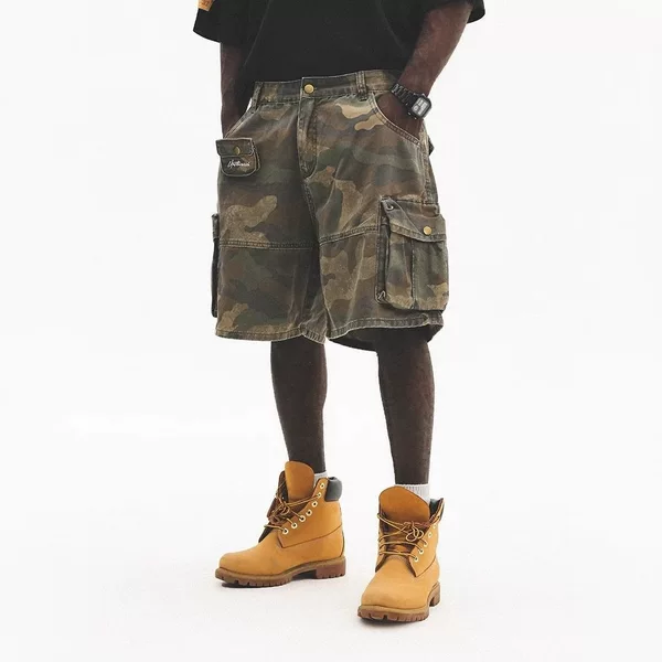 2026 Summer Camouflage Shorts Men's American-Style Work Pants Washed Vintage Five-Point Shorts Loose Multi-Pocket Denim Shorts