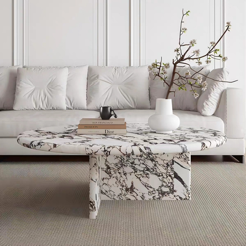 Mesa de centro de mármol natural de estilo crema francés, sala de estar redonda de alta gama, mesa de comedor de sofá de apartamento pequeño para el hogar