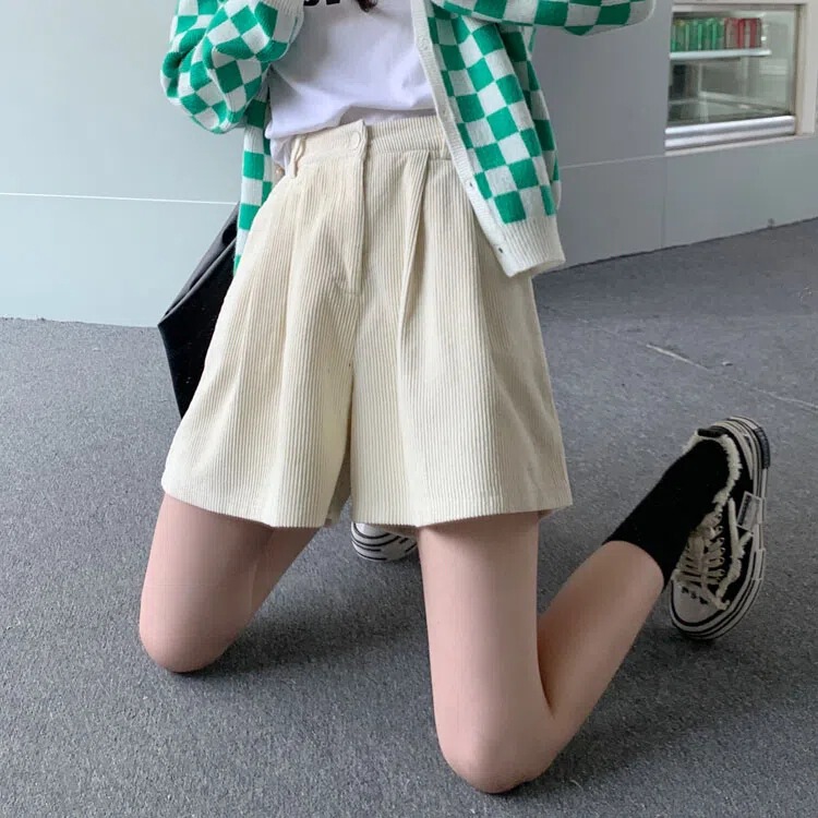 2025 Spring and Summer plus size chubby girl Wide-legging Pants Women's High Waist Outer Wear Corduroy Shorts A- word Casual Base Boots Trendy