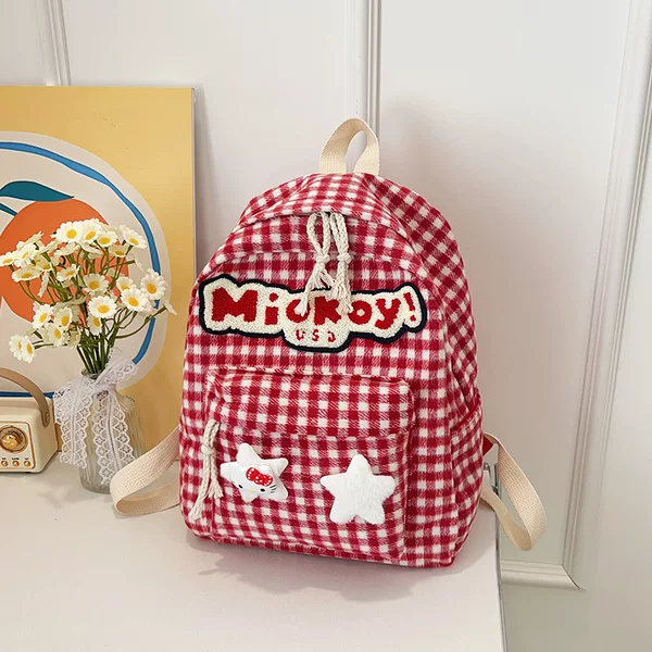 Lightweight Primary School Student Backpack, Cute Large-Capacity Red Plaid Backpack with Letters and Stars, Children's Backpack