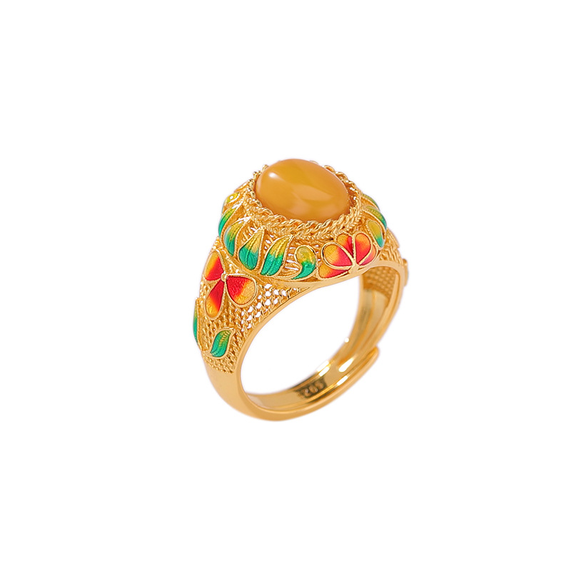 Nhẫn bạc S925 mạ vàng sáp ong phong cách dân tộc retro họa tiết men hoa lá — Bạc 925