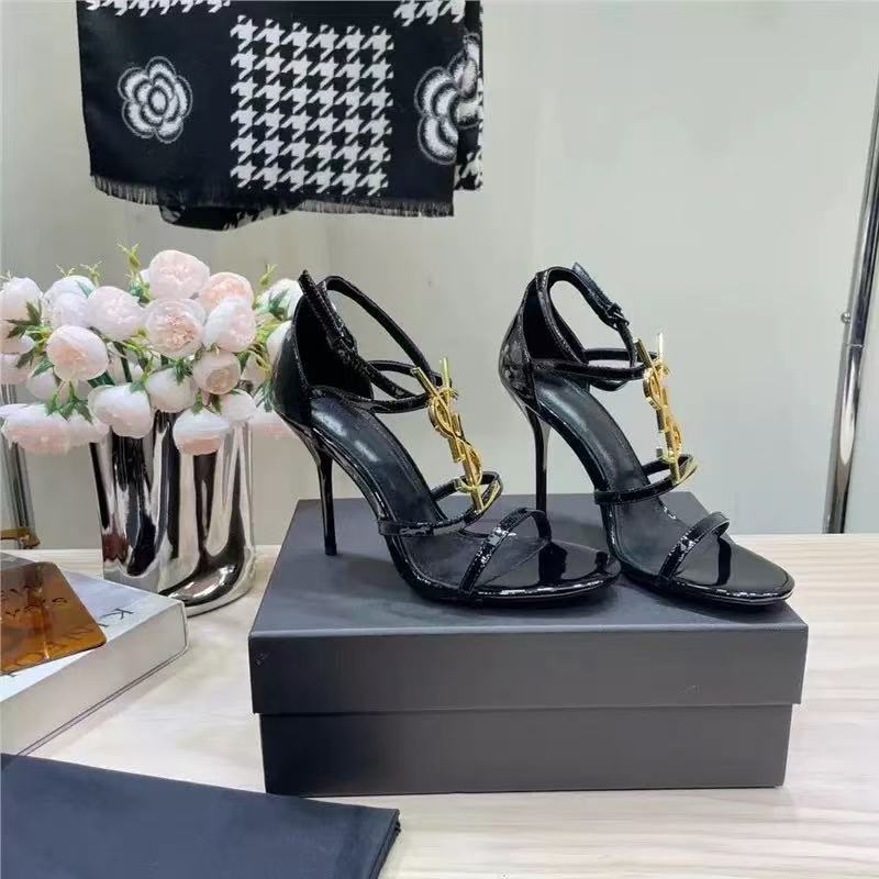 Yang Shulin 25 New High Heeled Front Buckle Letter with High Heeled Sandals Thin Heeled Round Head Fashion High Heeled