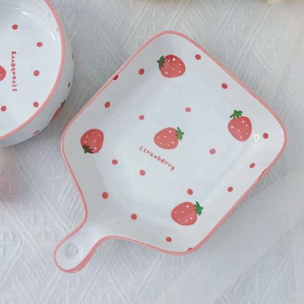 Polka Dot Strawberry Handle Plate##￥￥☆