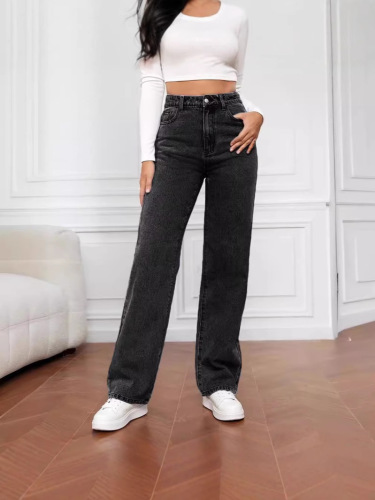 Women's straight-leg jeans, long, fashionable and versatile, loose fit for spring and summer 2025, high-waisted, washed