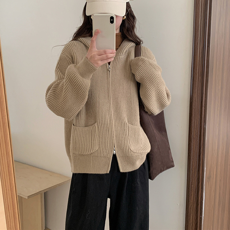 欧洲站纯色连帽拉链毛衣外套女秋冬新款宽松慵懒风软糯厚针织开衫|undefined