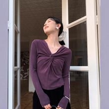 鹭青一原创【影瘦】V领针织衫女秋冬依翡丝发热绒纽结设计打底衫