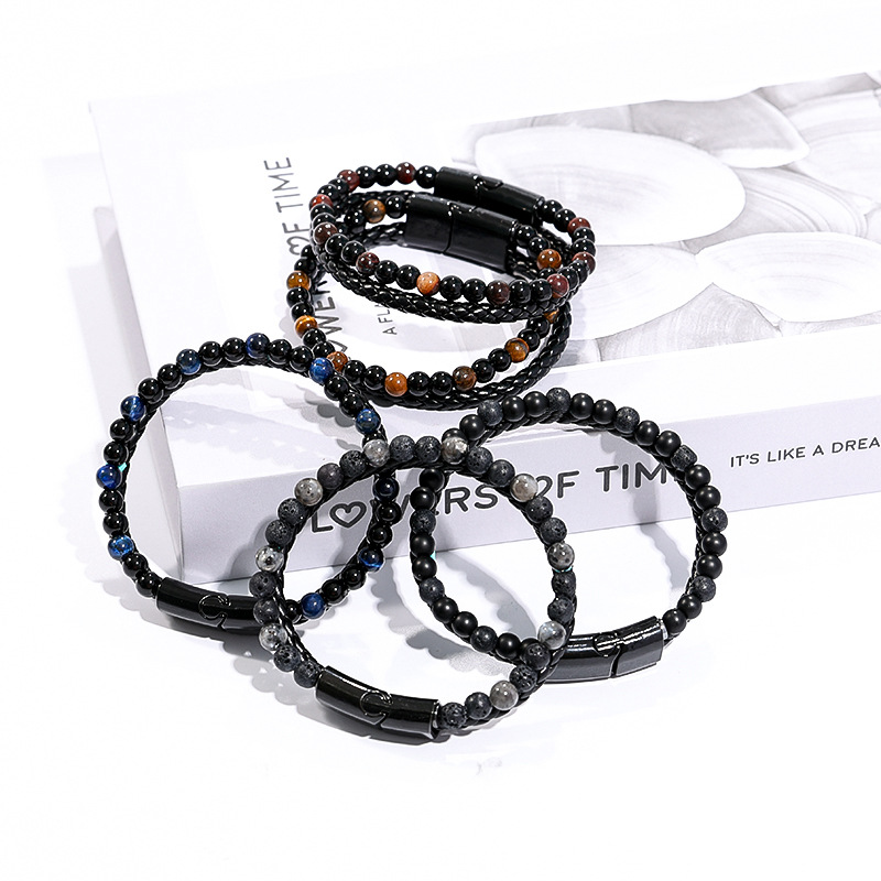 Longhe nuevos hombres europeos y americanos de aleación de cuero cuerda pulsera de piedra natural doble piedra de ojo de tigre piedra volcánica pulsera de cuentas