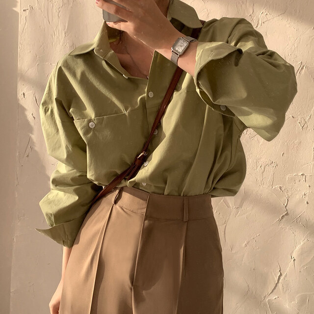 韩版新款宽松chic春季基础款翻领长袖衬衫女oversize休闲衬衣-阿里巴巴