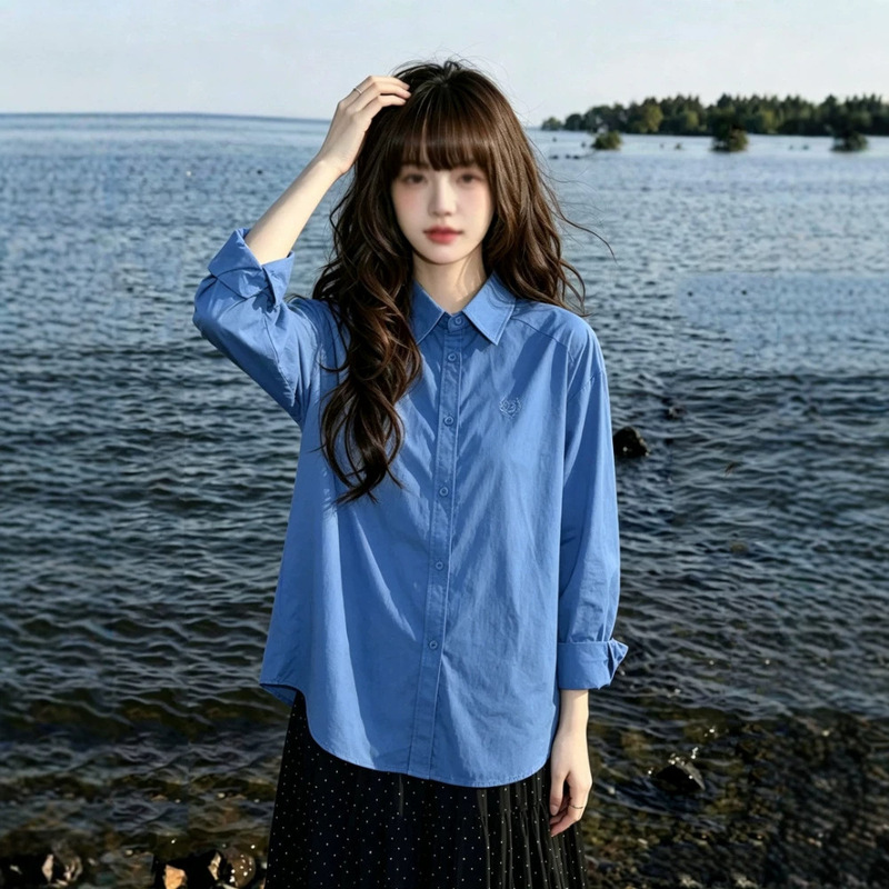 Korean-style simple basic long-sleeve shirt for women, autumn design with unique embroidery, loose fit, suitable for layering, trendy shirt jacket Korean-style simple basic long-sleeve shirt for women, autumn design with unique embroidery, loose fit, suitable for layering, trendy shirt jacket