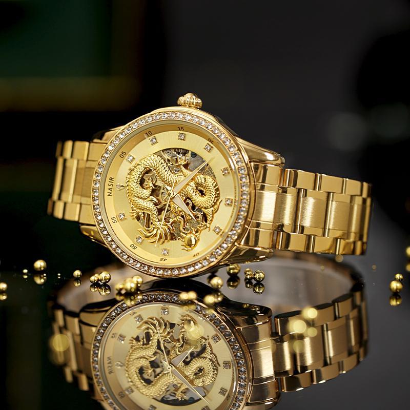 Nasir Men's Skeleton Mechanical Watch Full Gold Dragon Watch Waterproof Real Gold Real Diamond Steel Band Waterproof Watch