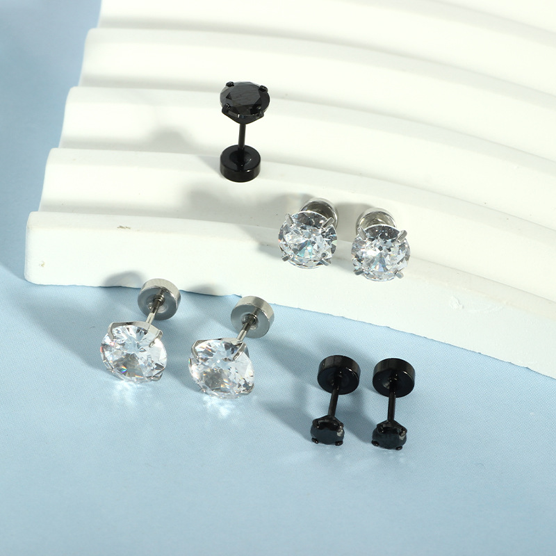 Cross-Border Stainless Steel Round Multi-Size Zircon Earrings - Four-Claw Zirconium Bone Nails Ear Studs Wholesale 5 Pairs detail image 8
