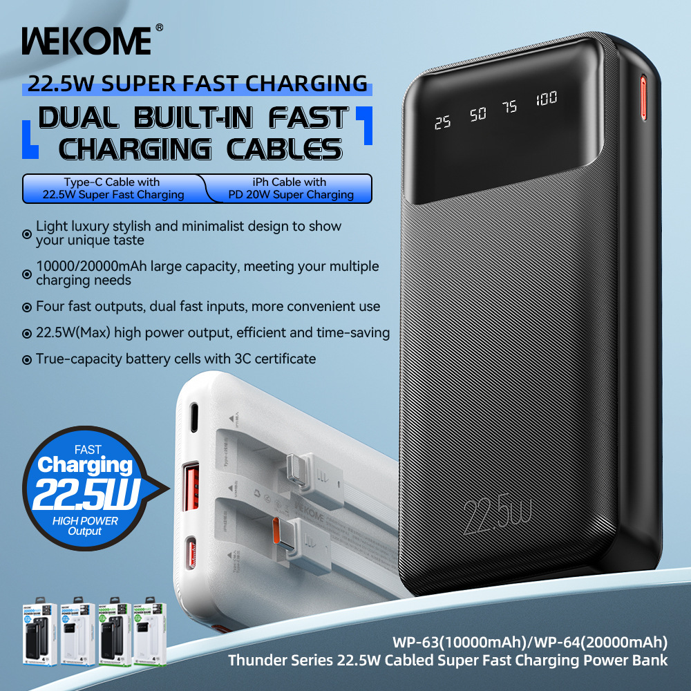 Wekome Thunder 3C Certified 20000 mA Large Capacity 22.5W Fast Charging Self-belt Digital Display Mobile Phone Charging Treasure