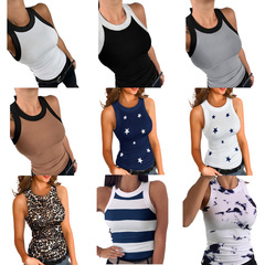 夏新款亞馬遜歐美多色印花背心女性感圓領打底內搭外穿上衣