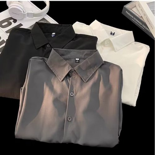 Men's Spring and Autumn Plain Color Long Sleeve Shirt, Ins Style, Casual, Versatile, Trendy, Stylish, Student Suit Inner Layer, Base Shirt, Collared Shirt