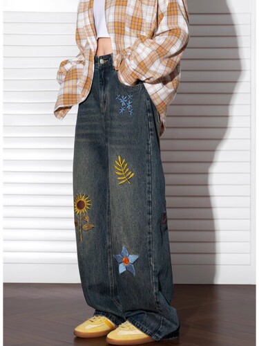American style niche retro washed embroidery jeans for men and women, trendy brand, high-end, loose casual wide-leg pants