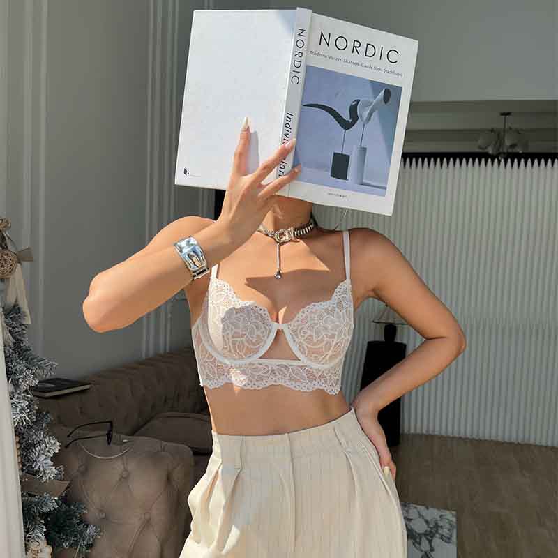 Lencería francesa encaje sensual femenino con pecho grande y pecho pequeño se reúne para evitar la caída de un conjunto de sujetador de texto delgado de gran tamaño