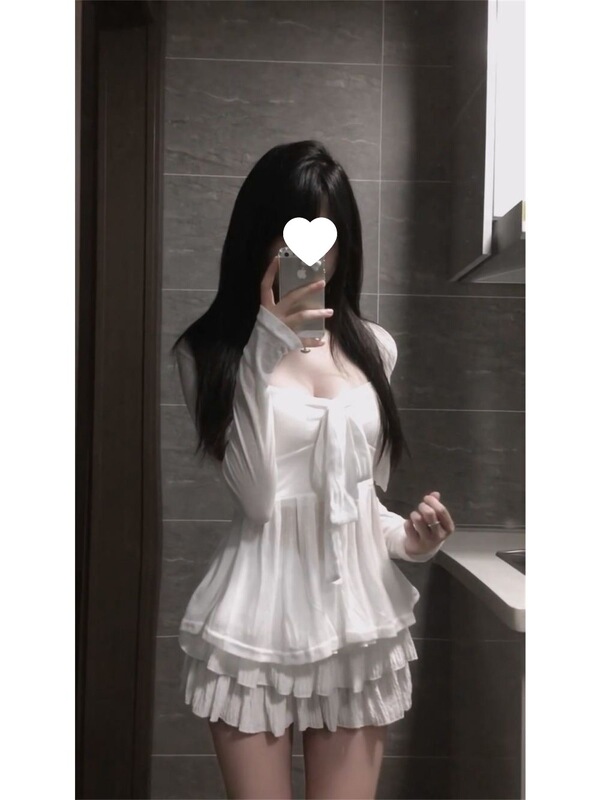 法式纯欲风修身长袖防晒开衫吊带上衣高腰半身裙夏季新款三件套女|undefined