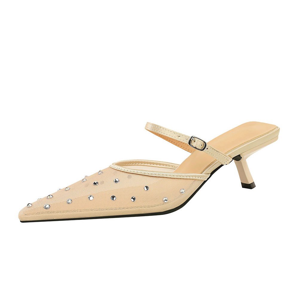 French Style Pointed Mesh Rhinestone Mules For Women Open Toe_voghion.com