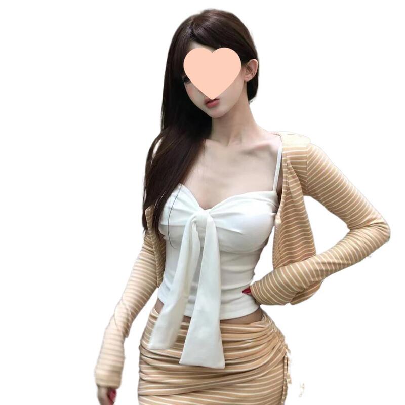 韩版纯欲风系带抹胸背心条纹开衫抽绳半身裙女2025秋季新款三件套|undefined